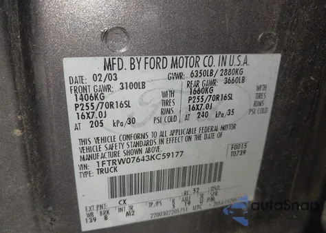 2003 Ford F-150 Lariat/Xlt from USA, damaged, VIN 1FTRW07643KC59177